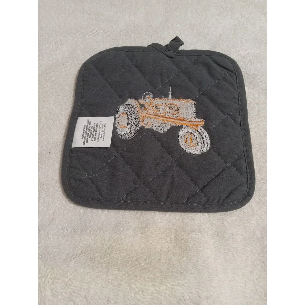 Gray Quilted‎ Potholder with Embroidered Tractor Farmhouse Kitchen Decor